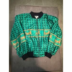 Vintage: Mighty Green Full Zip bomber Jacket - 80s horse & carriage theme- med